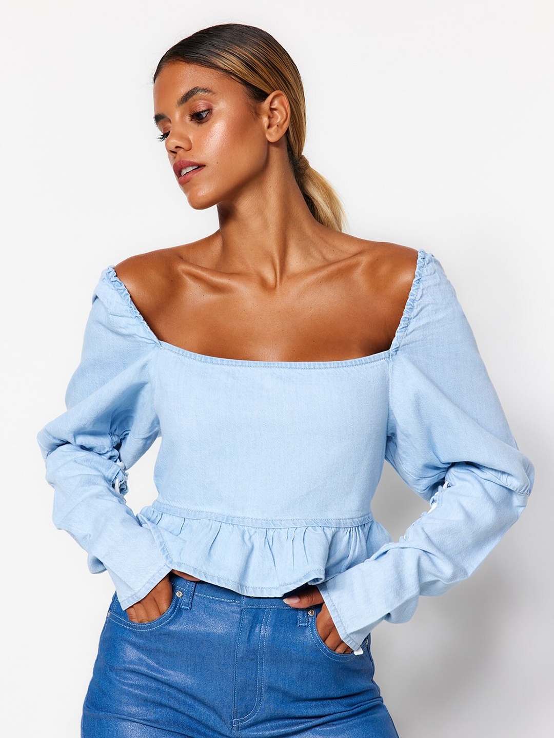 

Trendyol Square Neck Pure Cotton Denim Peplum Top, Blue