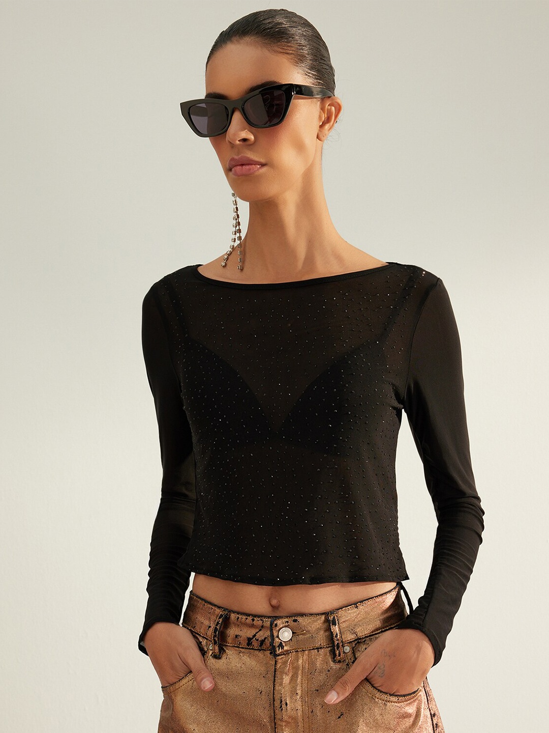 

Trendyol Boat Neck Long Sleeves Fitted Crop Top, Black