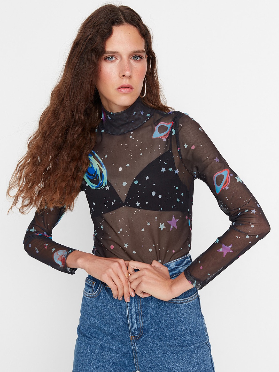 

Trendyol High Neck Conversational Printed Top, Black