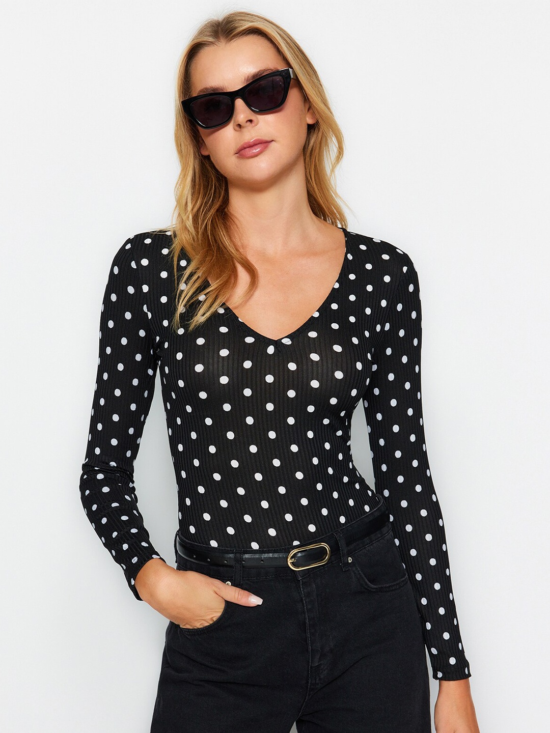 

Trendyol Polka Dot Printed Styled Back Top, Black