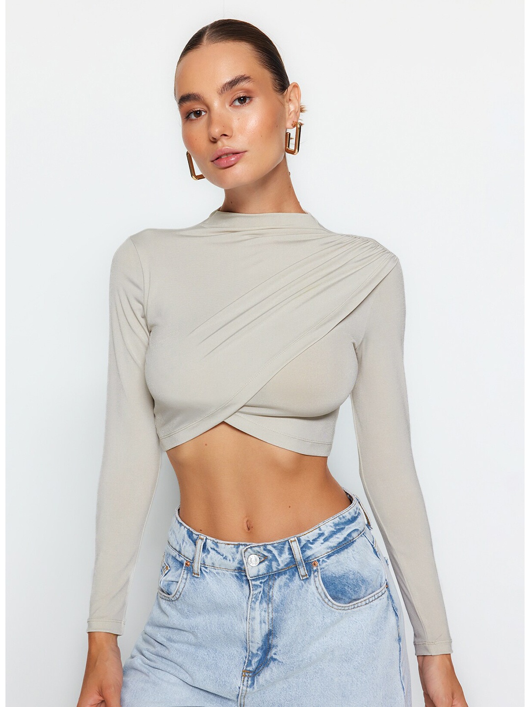 

Trendyol High Neck Gathered Wrap Style Crop Top, Grey