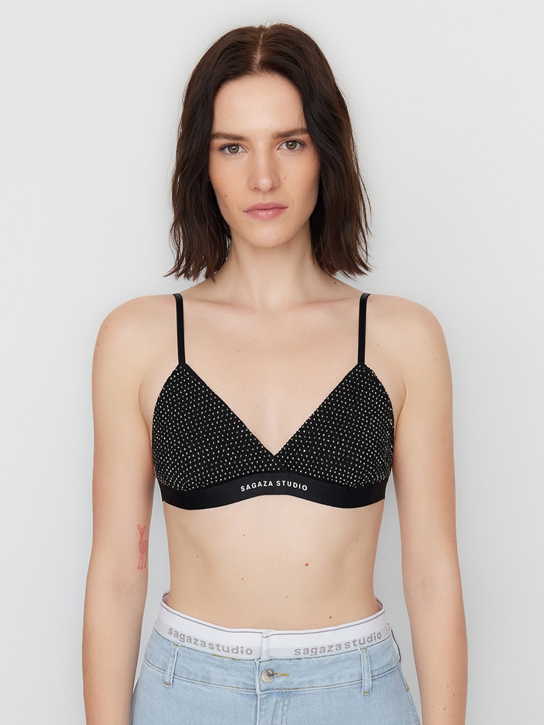 

Trendyol Embellished Shoulder Straps Sleeveless Crop Bralette Top, Black