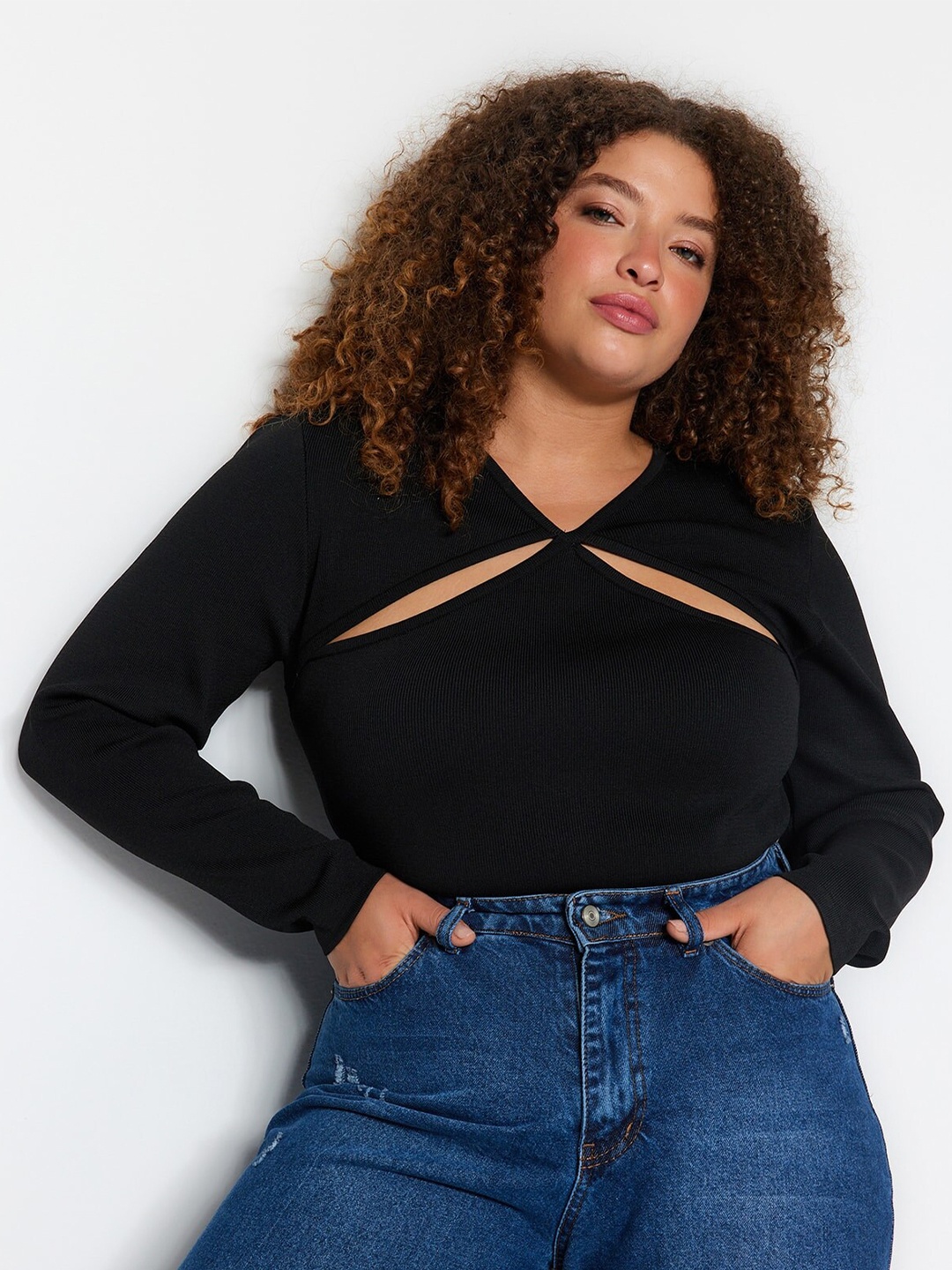 

Trendyol Plus Size Long Sleeves Cut Out Fitted Top, Black