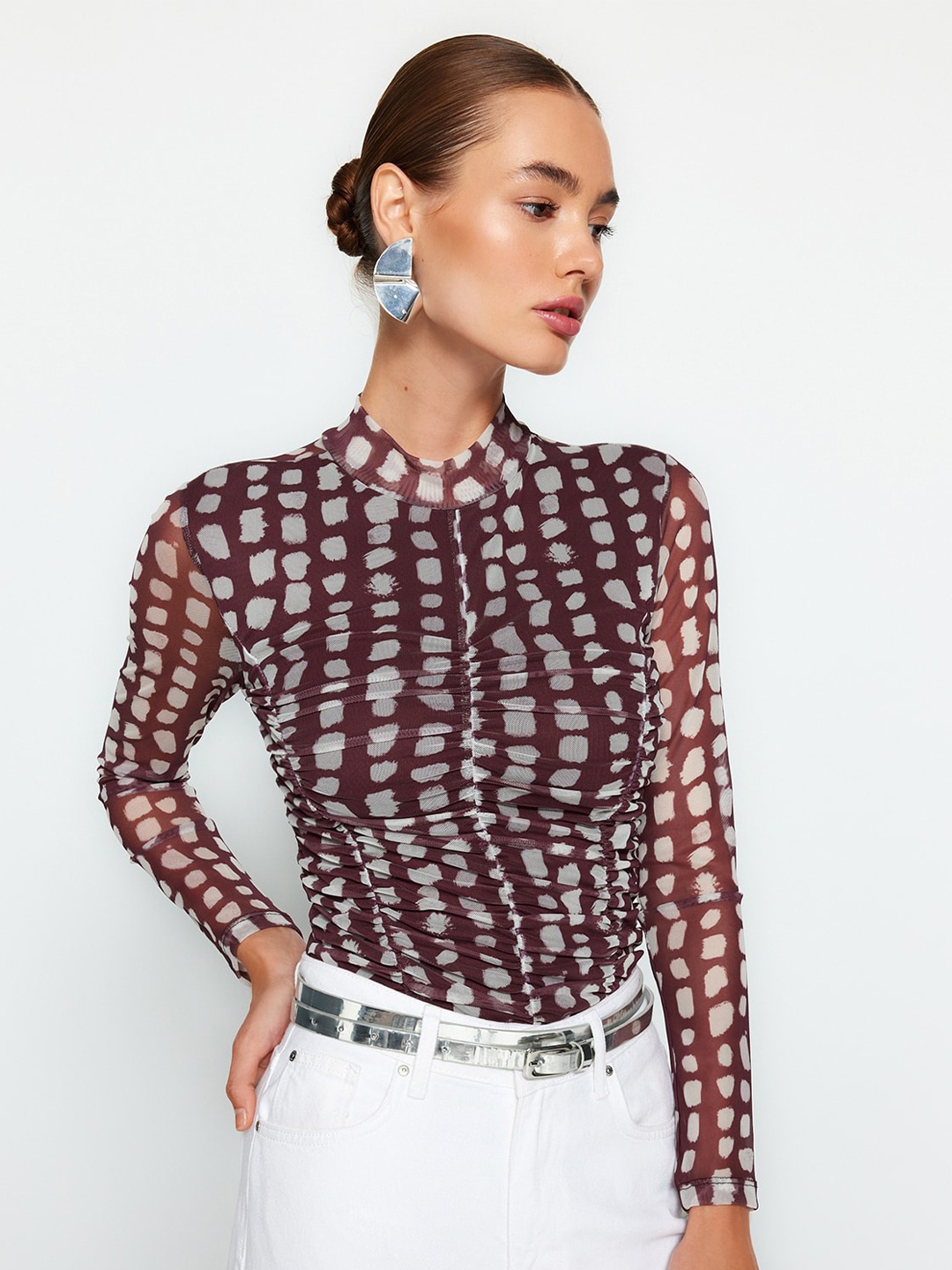 

Trendyol Abstract Printed Ruched Net Top, Burgundy