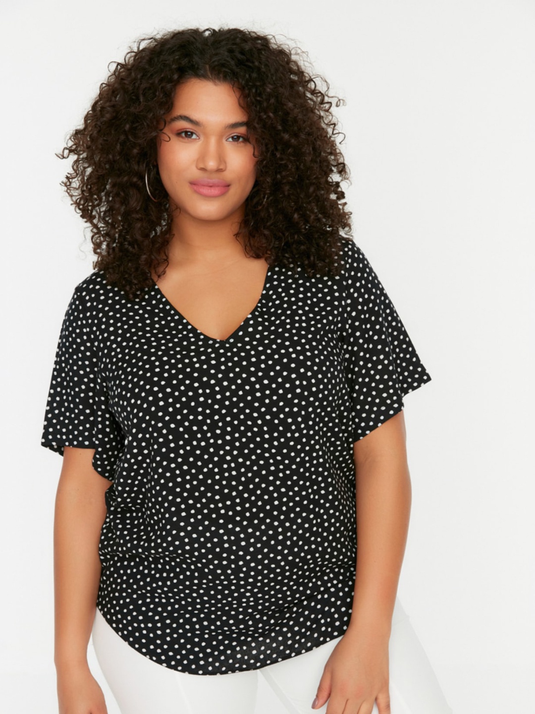

Trendyol Polka Dots Printed V-Neck Top, Black