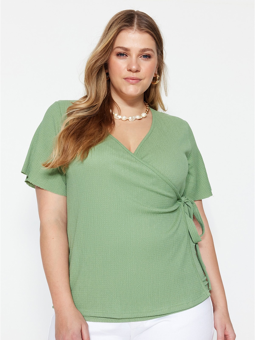 

Trendyol Plus Size V-Neck Wrap Top, Green