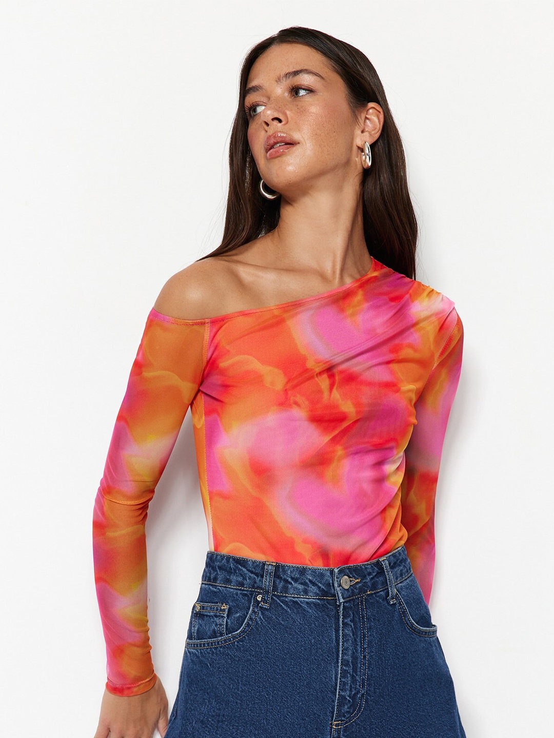 

Trendyol Abstract Printed Boat Neck Top, Orange