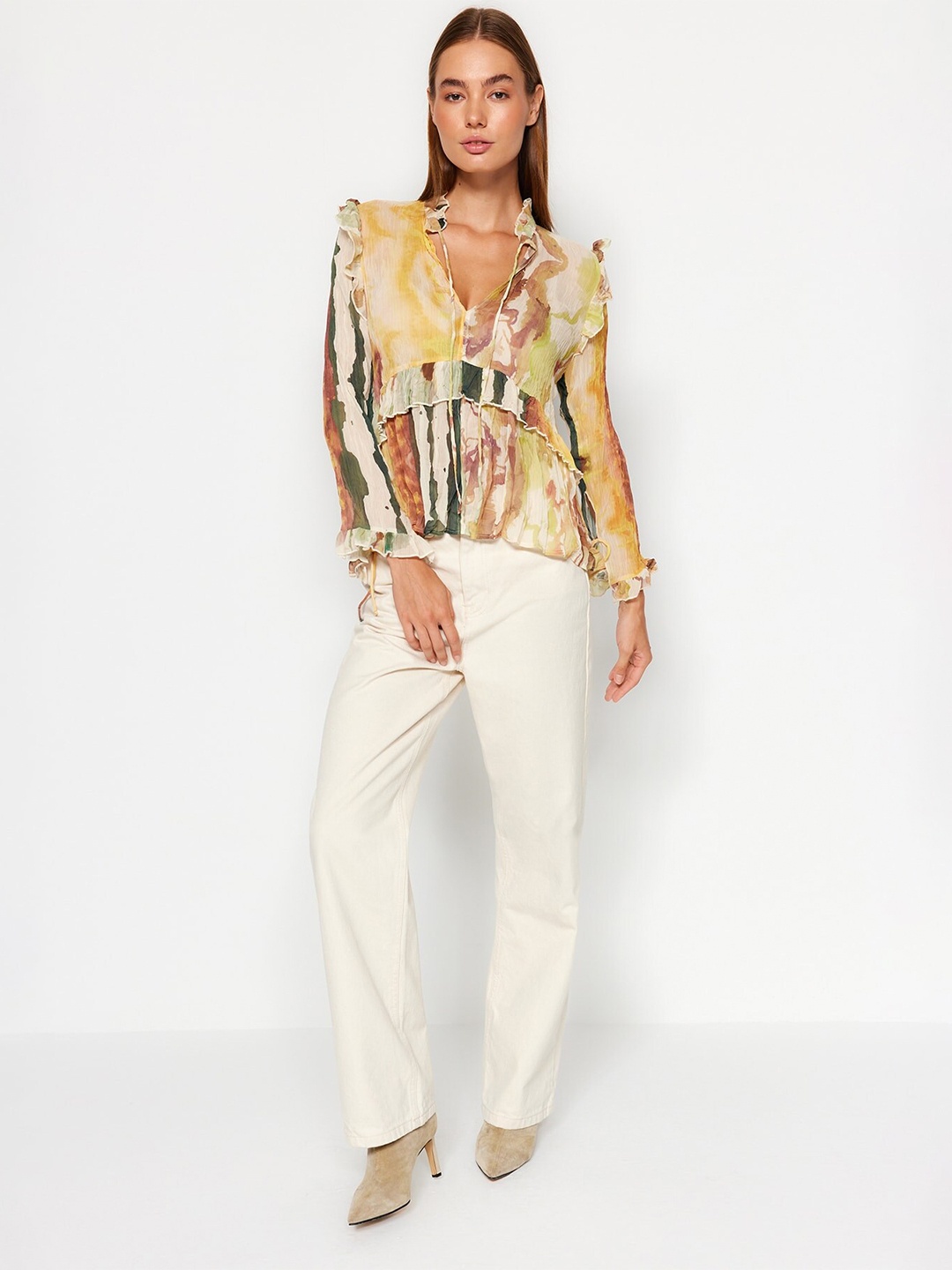 

Trendyol Abstract Printed Tie-Up Neck Ruffled Top, Yellow