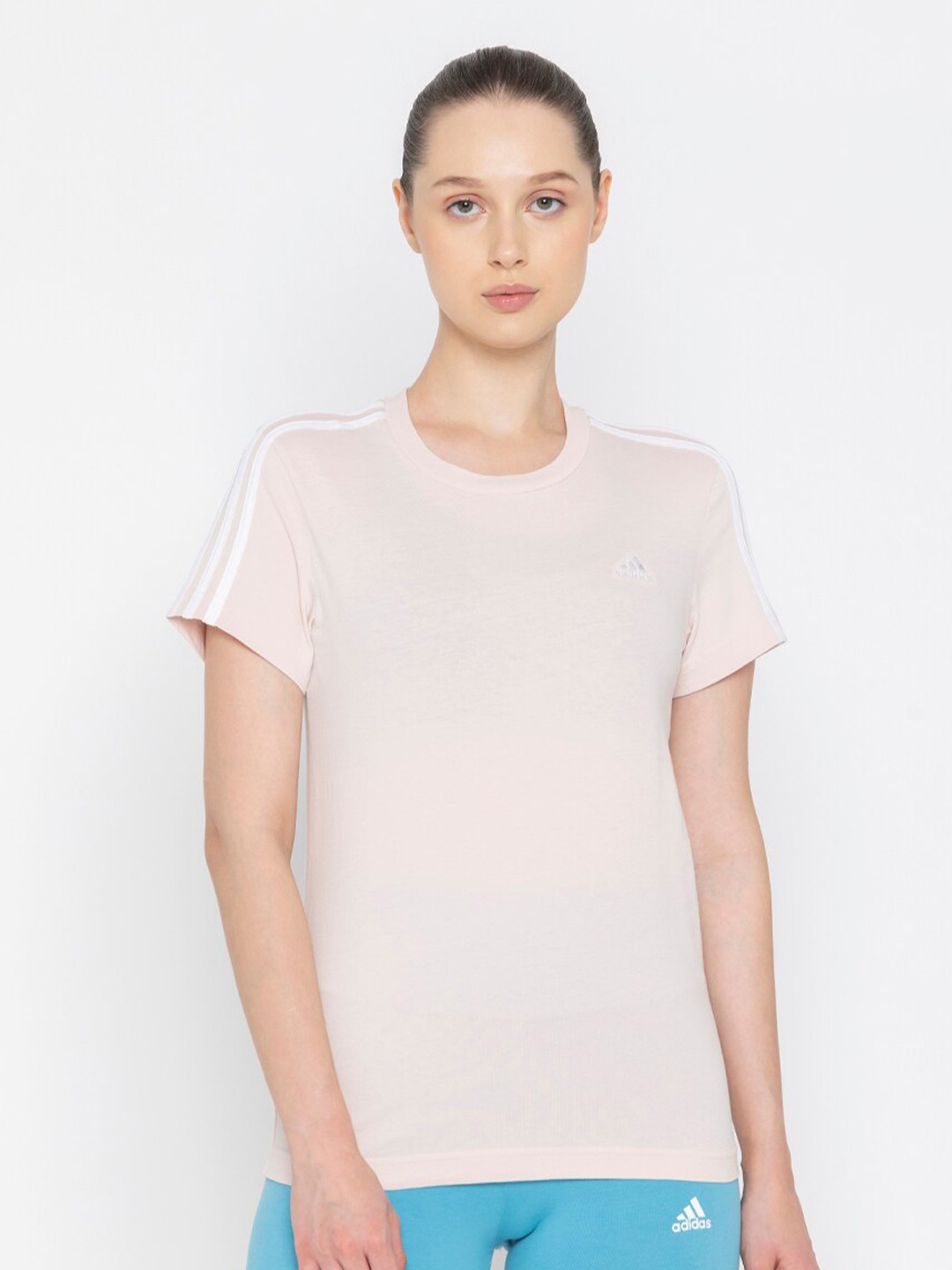 

ADIDAS W 3S T Striped Round Neck Cotton Sports Tshirt, White
