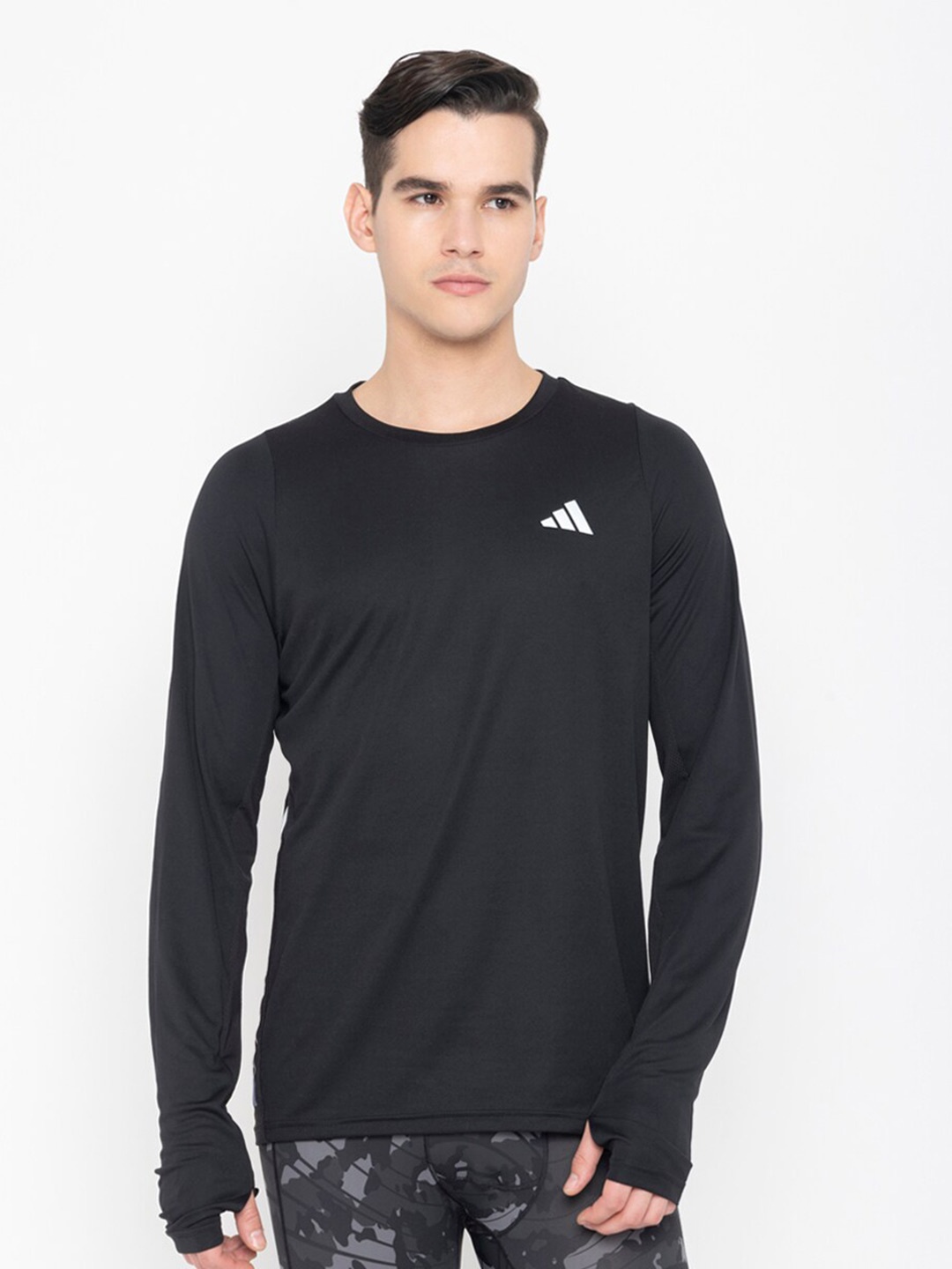 

ADIDAS Run Icons 3s Ls Round Neck Long Sleeve Slim Fit Sports Tshirt, Black