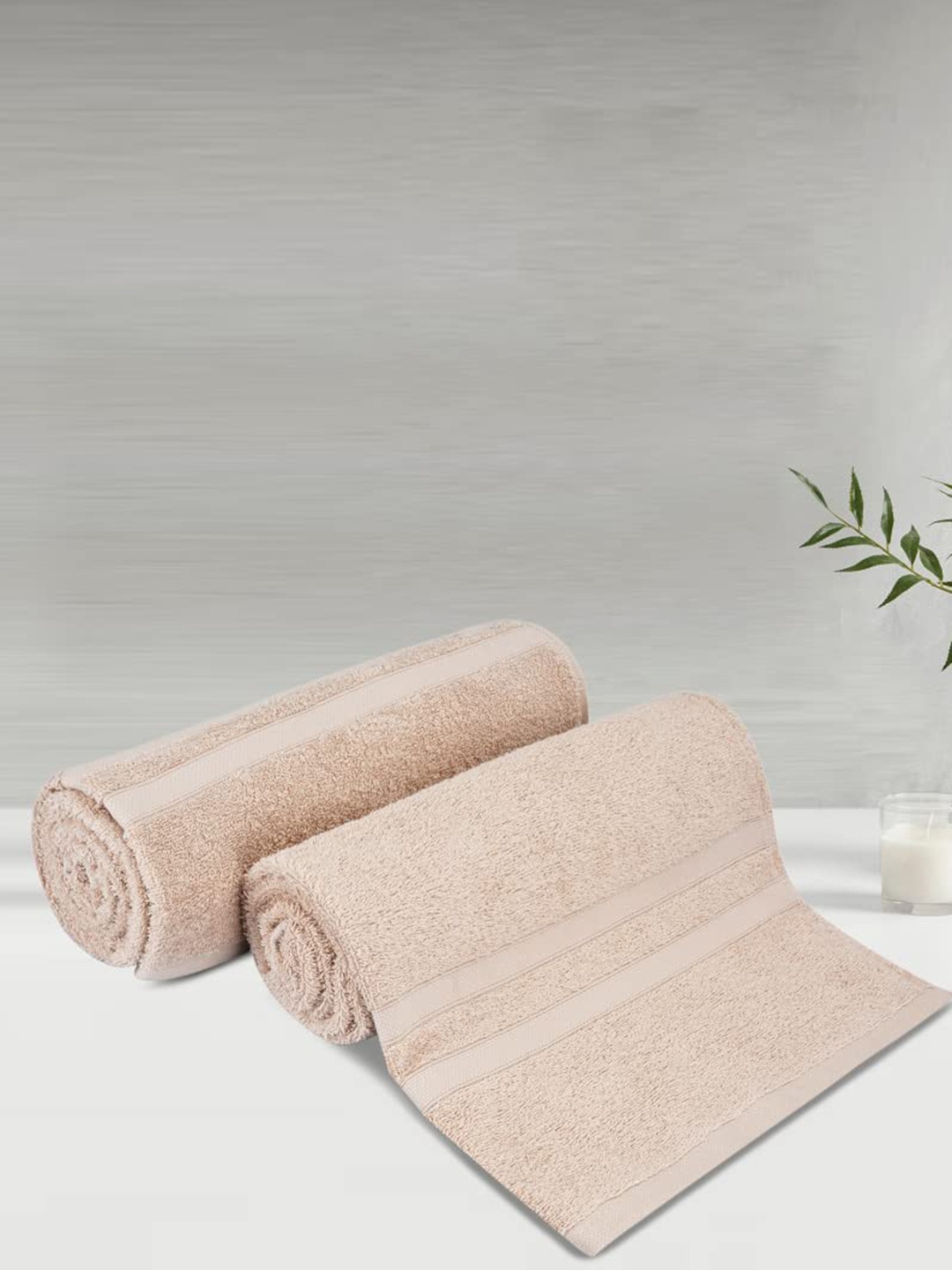

LUSH & BEYOND Beige 2 Pieces Striped Pure Cotton 500 GSM Bath Towels