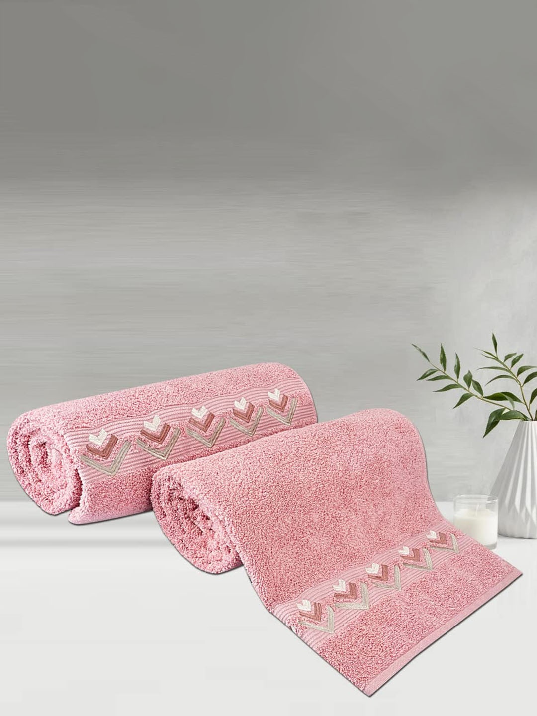 

LUSH & BEYOND Peach Coloured 2 Pieces Striped Pure Cotton 500 GSM Bath Towels