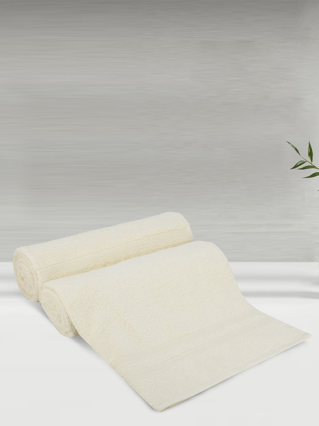 

LUSH & BEYOND Cream Coloured 2 Pieces Striped Pure Cotton 500 GSM Bath Towels