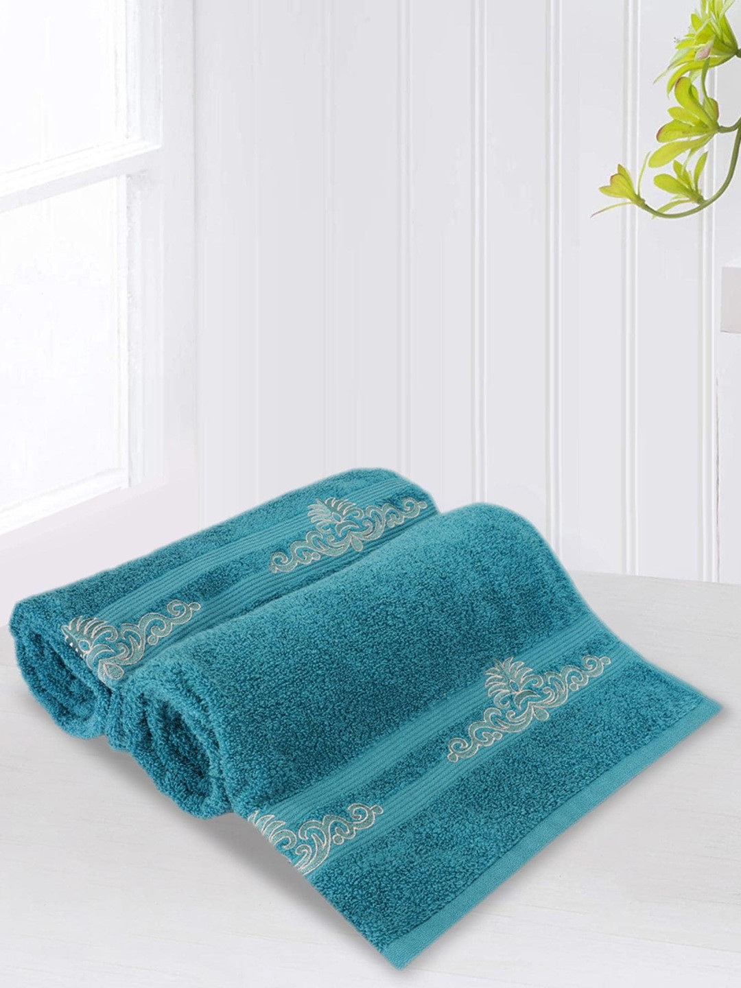 

LUSH & BEYOND Turquoise Blue 2 Pieces Striped Pure Cotton 500 GSM Bath Towels