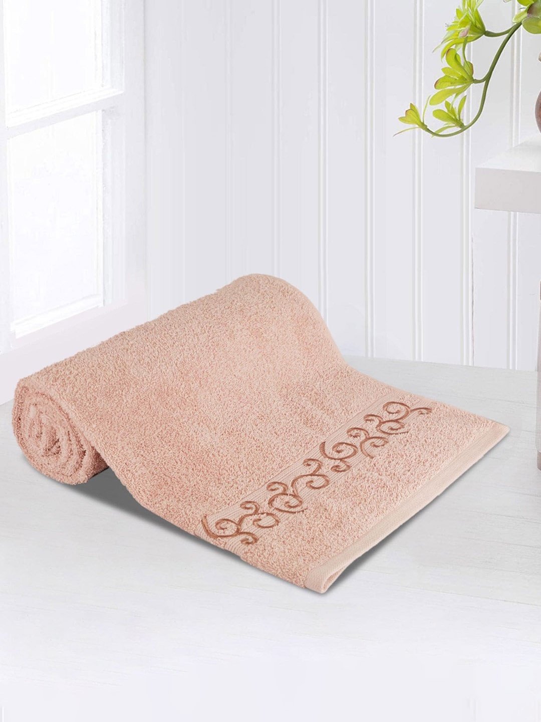 

LUSH & BEYOND Peach Coloured & Brown Striped Pure Cotton 500 GSM Bath Towel