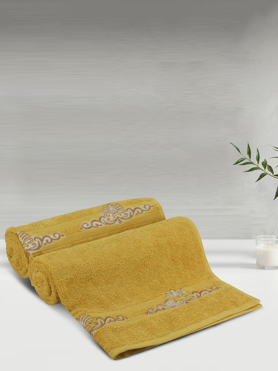 

LUSH & BEYOND Mustard Yellow 2 Pieces Striped Pure Cotton 500 GSM Bath Towels