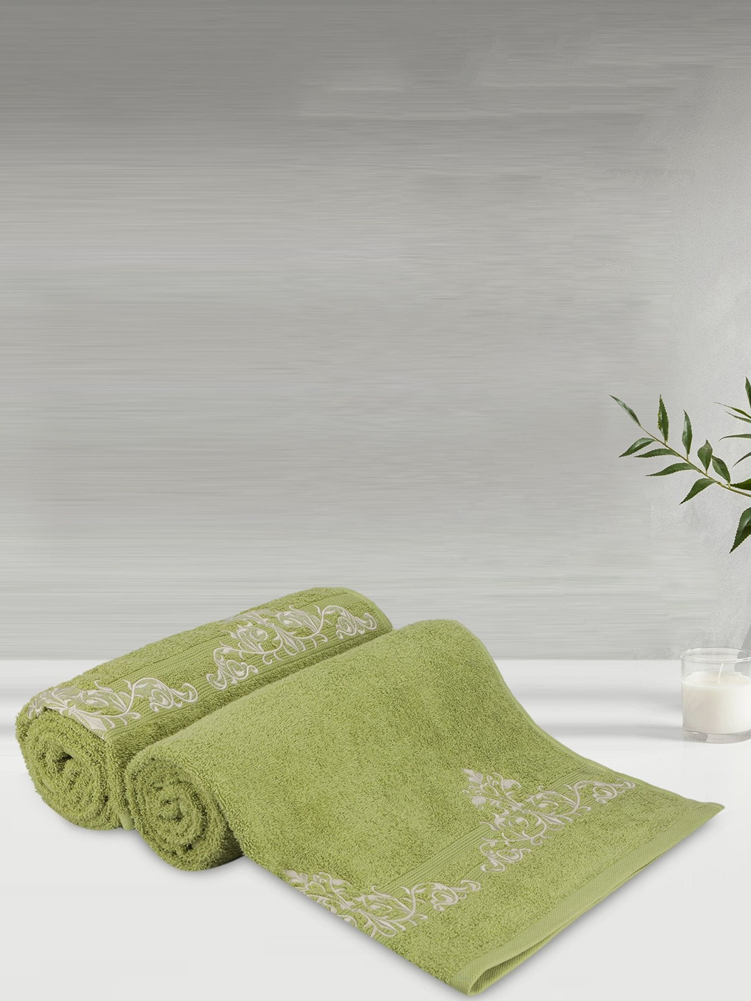 

LUSH & BEYOND Lime Green & White 2 Pieces Striped Pure Cotton 500 GSM Bath Towels