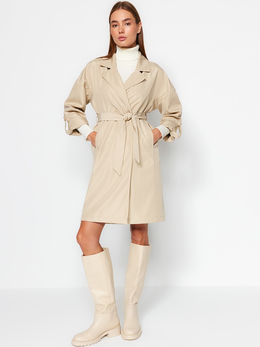 

Trendyol Notched Lapel Collar Double Breasted Overcoat, Beige