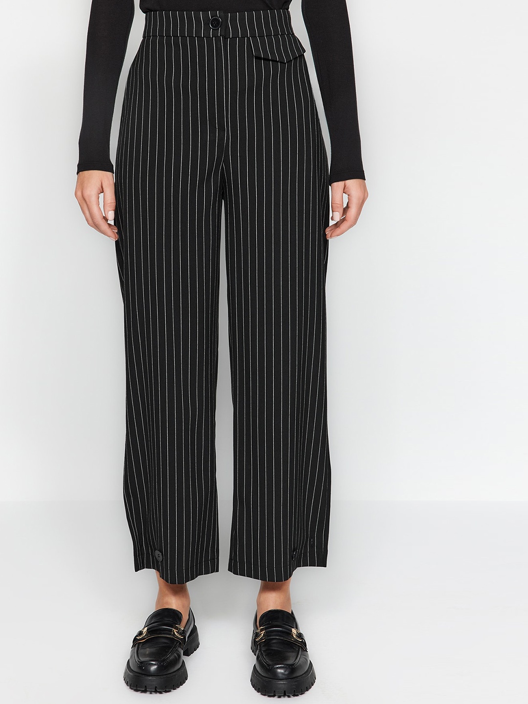 

Trendyol Women Mid-Rise Striped Parallel Trousers, Black