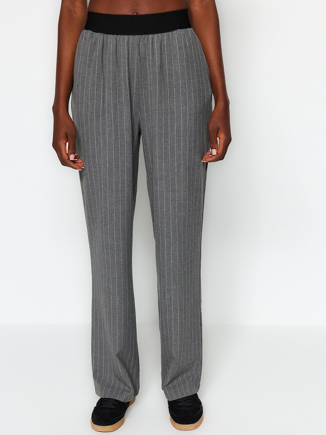 

Trendyol Women Striped Mid-Rise Trousers, Grey