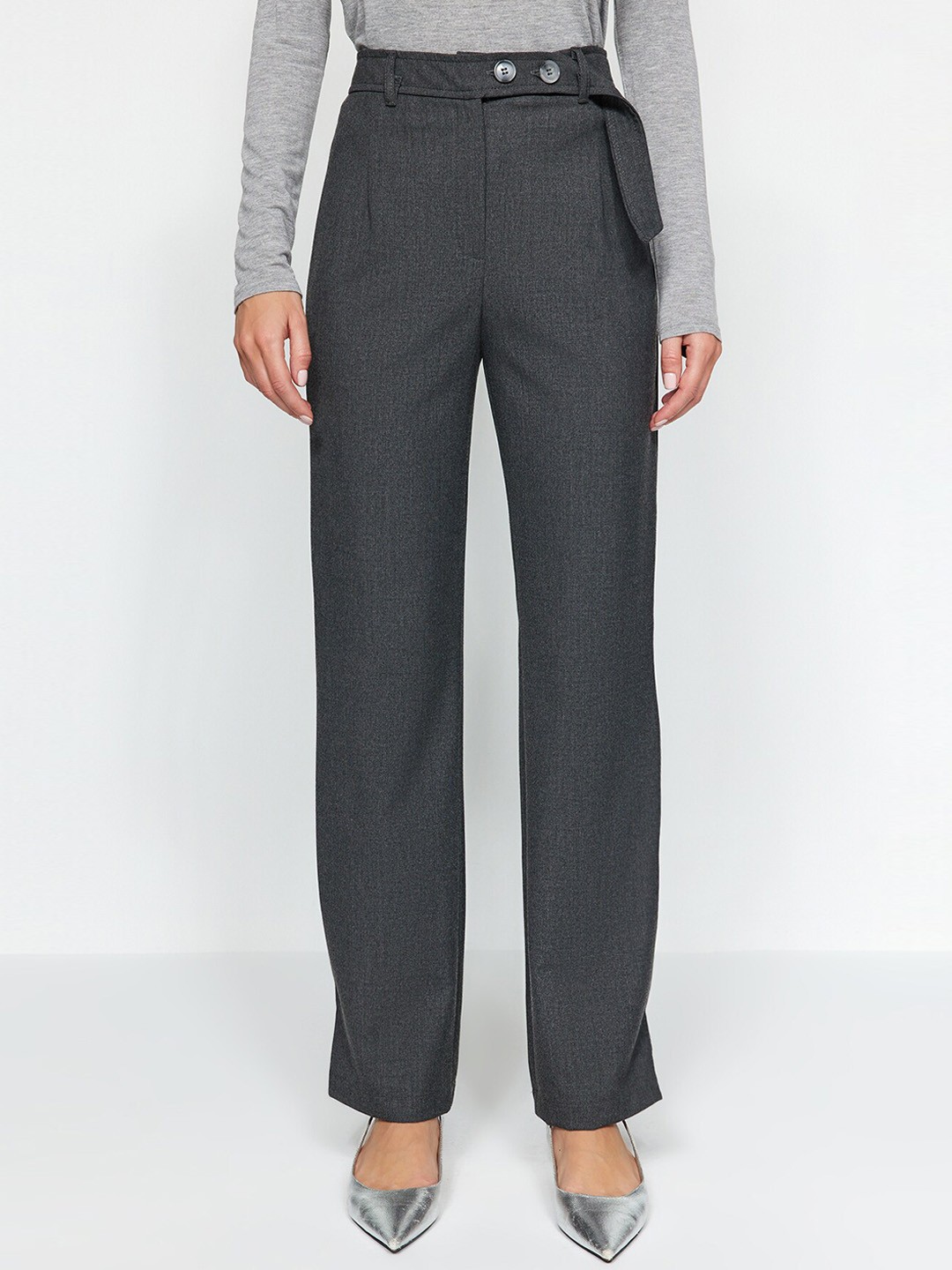 

Trendyol Women Parallel Mid-Rise Regular Fit Parallel Trousers, Grey