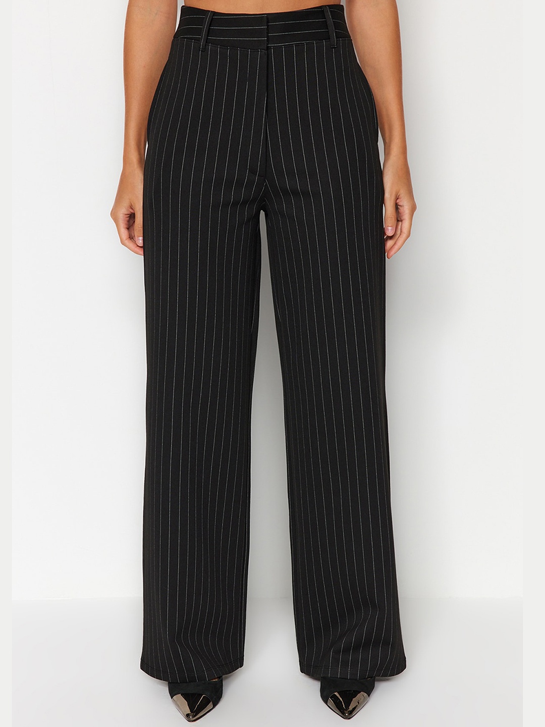 

Trendyol Women Mid-Rise Striped Parallel Trousers, Black