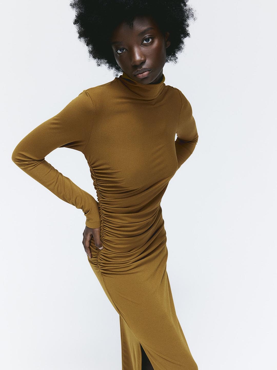 

H&M Gathered Turtle-Neck Dress, Brown