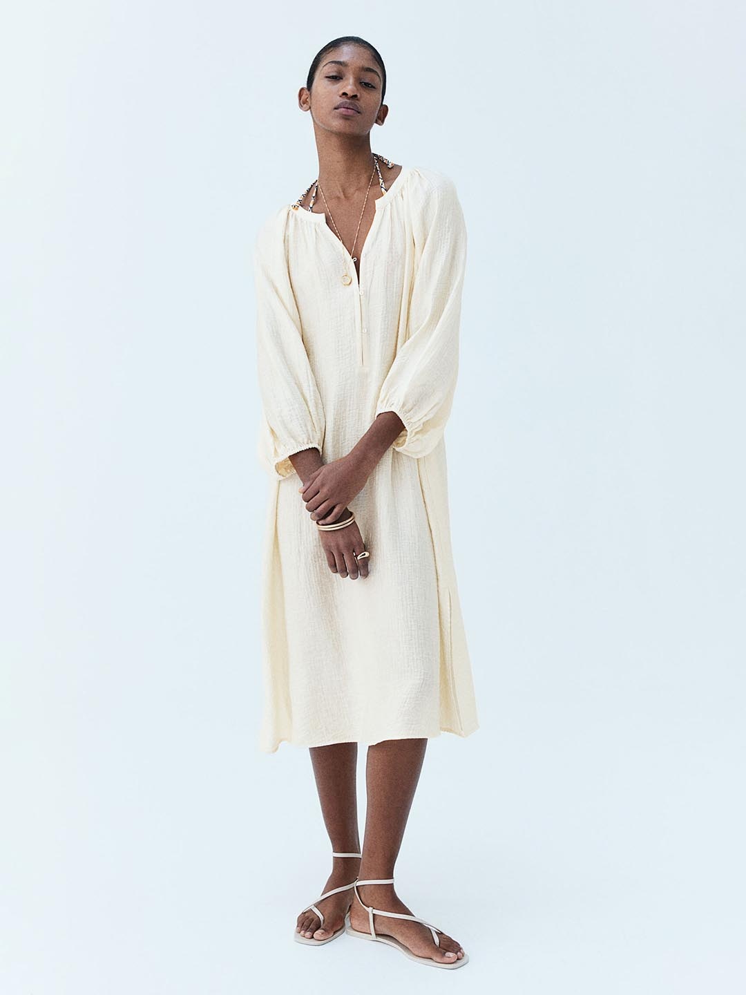 

H&M Crinkled Balloon-Sleeved Dress, White
