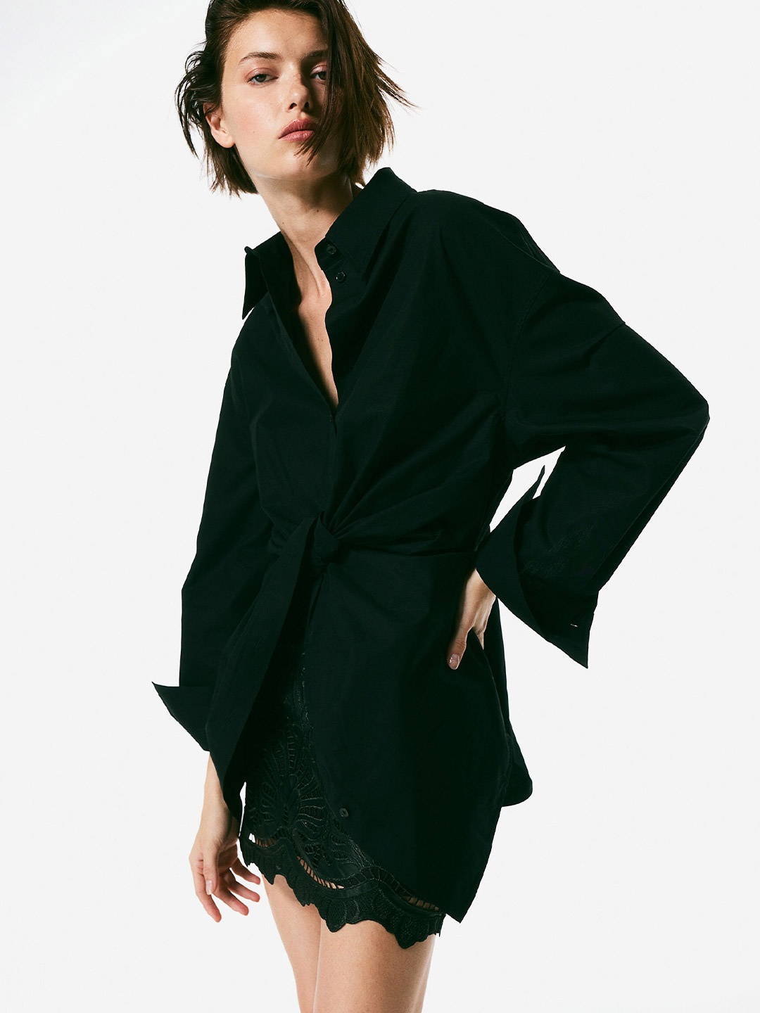 

H&M Pure Cotton Knot-Detail Shirt, Black