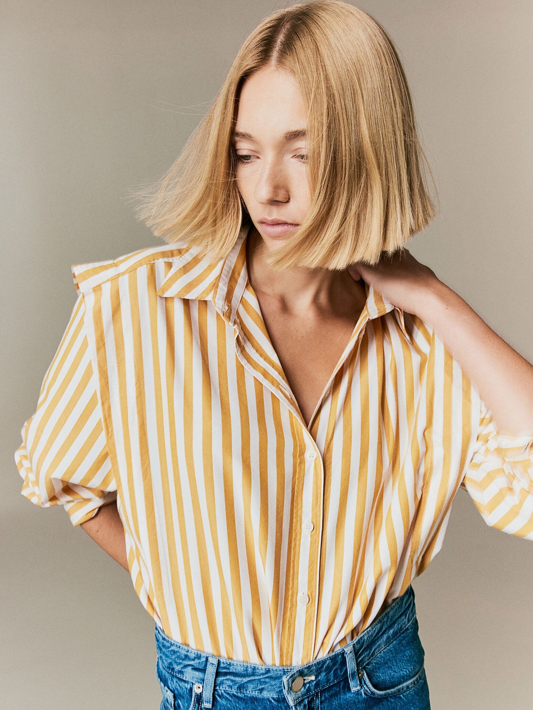 

H&M Oversized Shoulder-Trim Shirt, Yellow