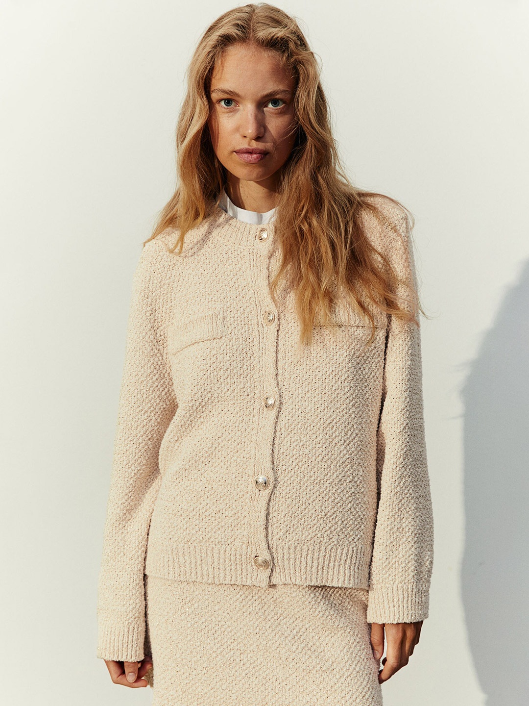 

H&M Glittery Textured-Knit Cardigan, Beige