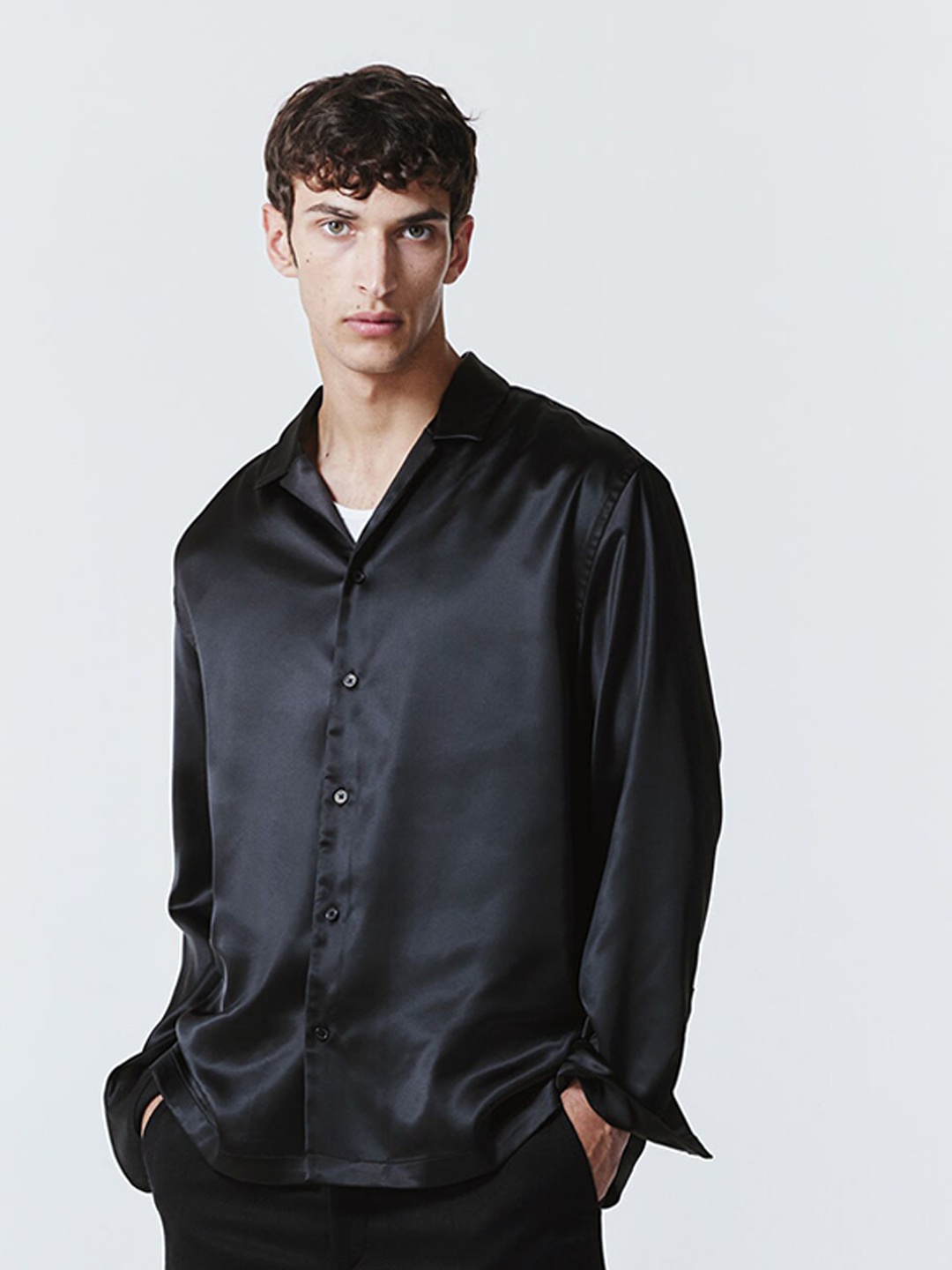 

H&M Regular Fit Satin Resort Shirt, Black