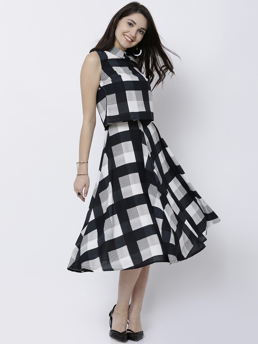 

Tokyo Talkies Women Black & White Checked Top with Skirt