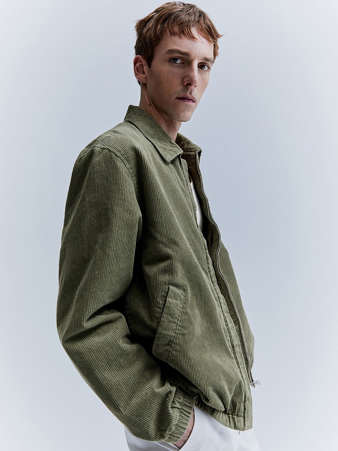 H&M Pure Cotton Loose Fit Corduroy Shacket, Green
