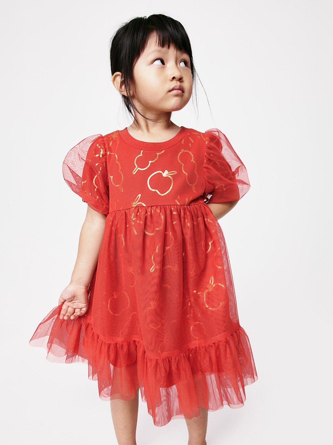 

H&M Pure Cotton Patterned Tulle Dress, Red