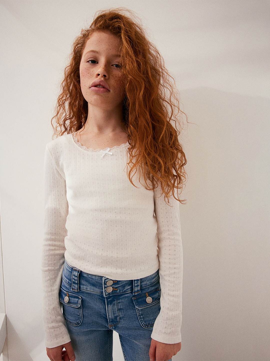 

H&M Girls Lace-Trimmed Pointelle Pure Cotton Jersey Top, White