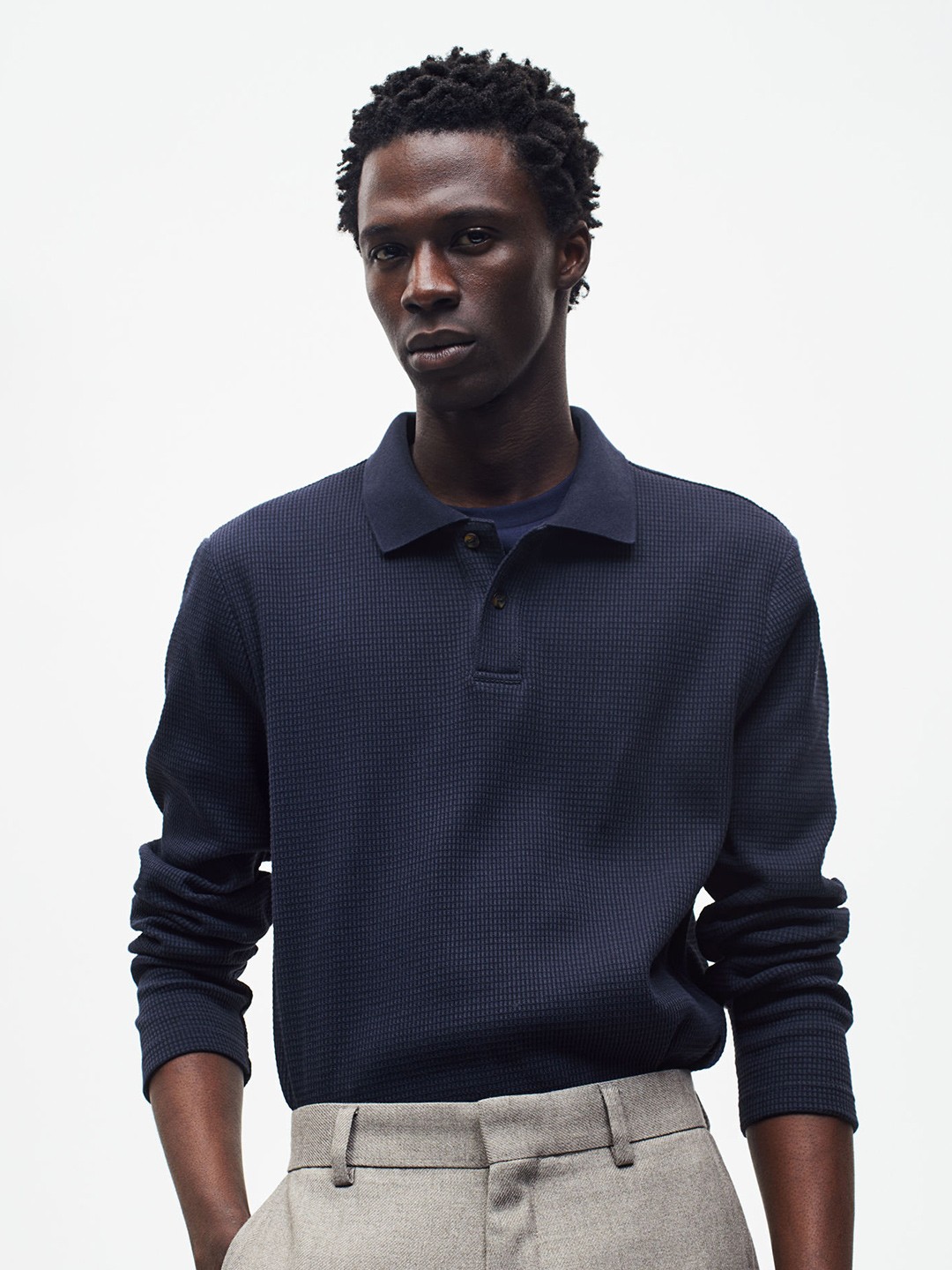 

H&M Slim Fit Waffled Polo Tshirt, Blue