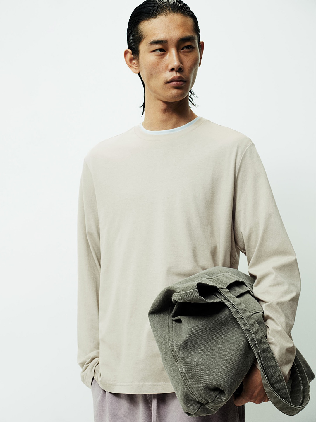 

H&M Pure Cotton Round Neck Jersey Top, Beige