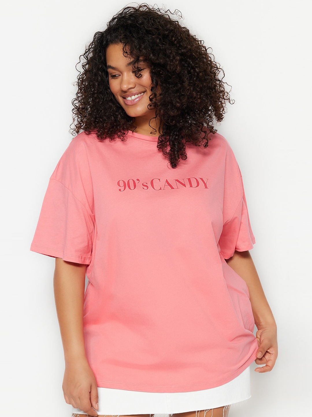 

Trendyol Typography Printed Drop-Shoulder Sleeves Pure Cotton T-shirt, Pink