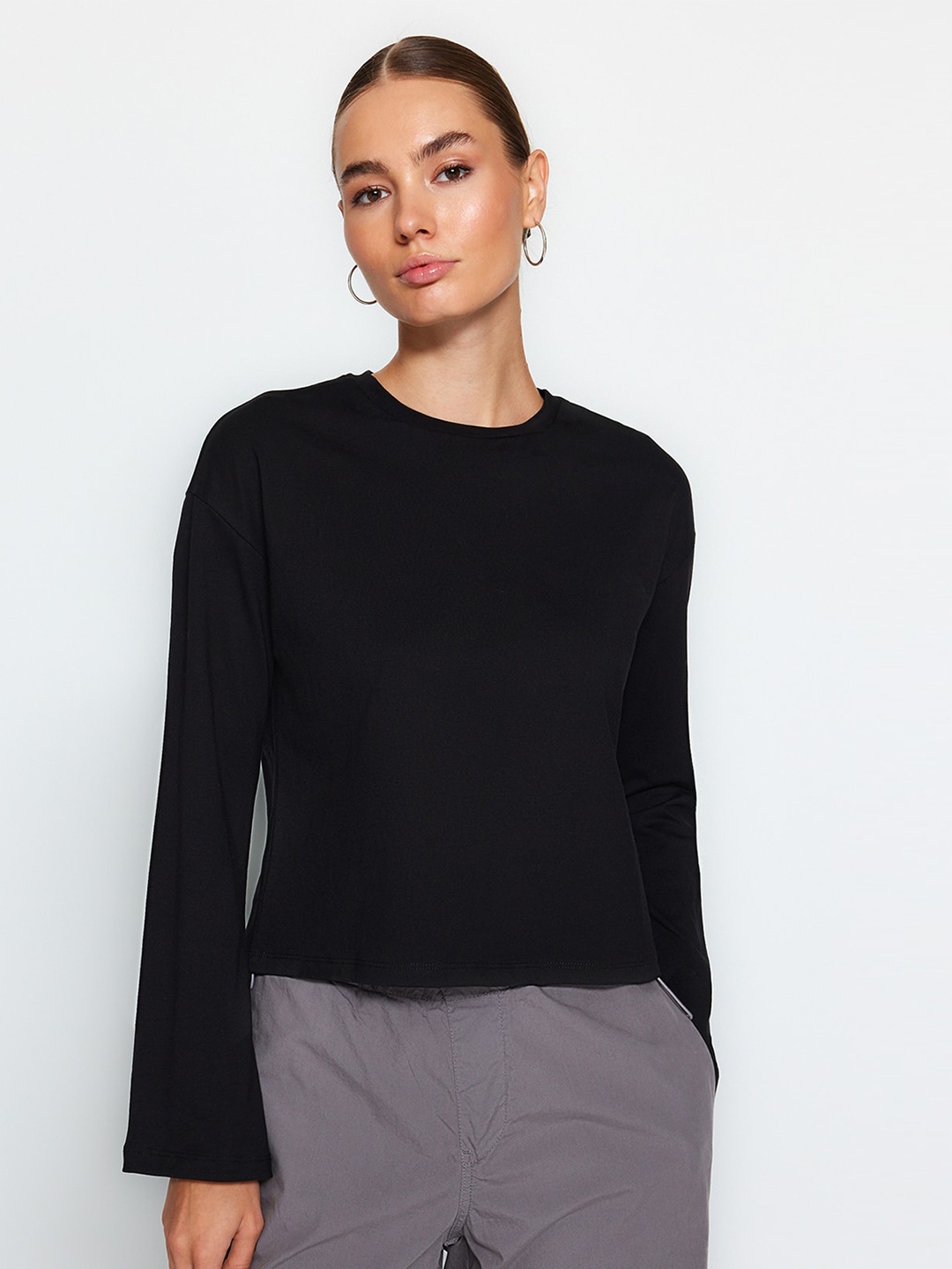 

Trendyol Round Neck Bell Sleeves Pure Cotton T-shirt, Black