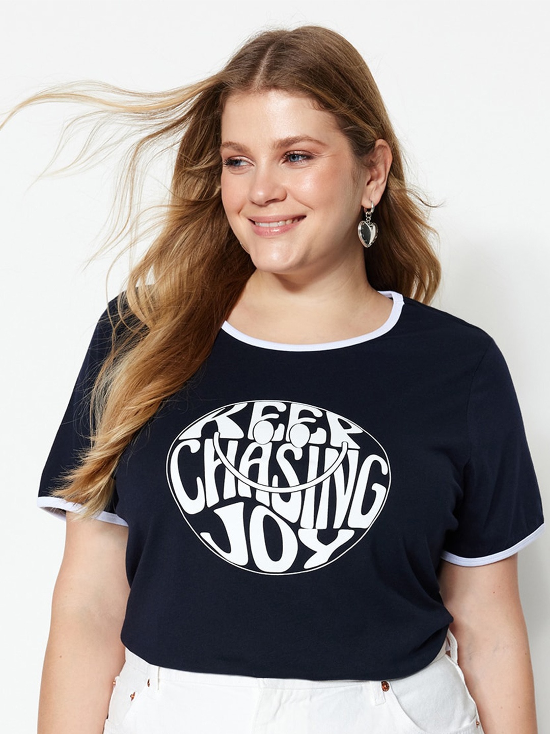 

Trendyol Plus Size Typography Printed Pure Cotton T-shirt, Navy blue