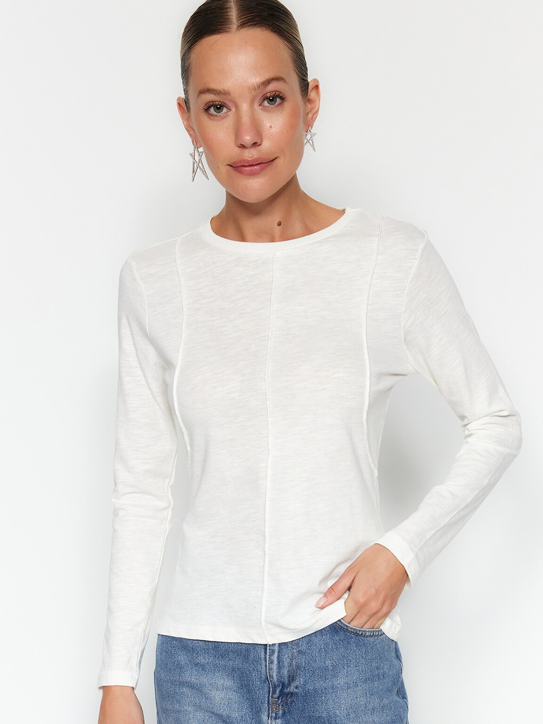 

Trendyol Round Neck Long Sleeves Pure Cotton T-shirt, White