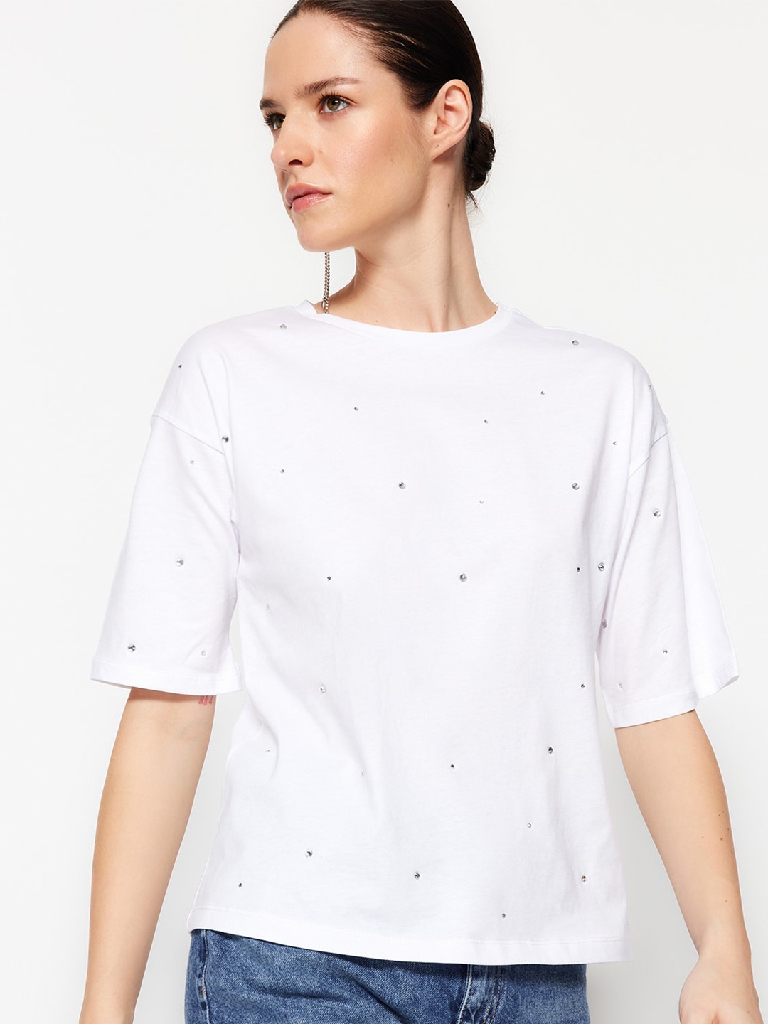 

Trendyol Embellished Drop-Shoulder Sleeves Pure Cotton T-shirt, White