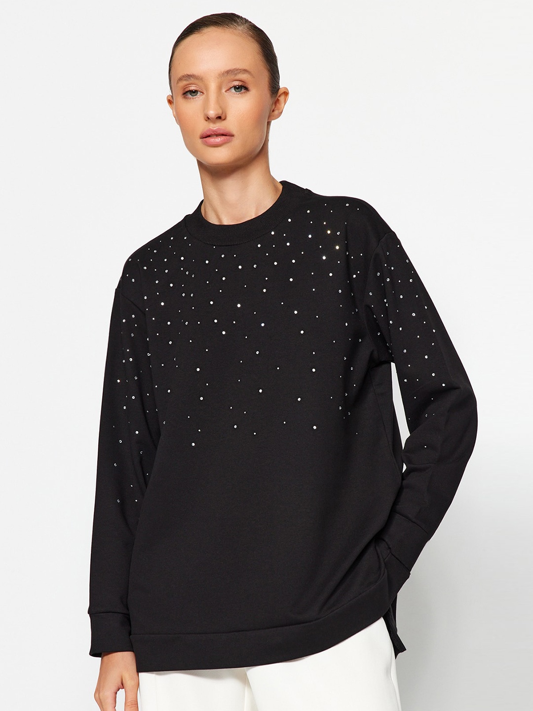 

Trendyol Polka Dots Printed Cotton Pullover Sweatshirt, Black