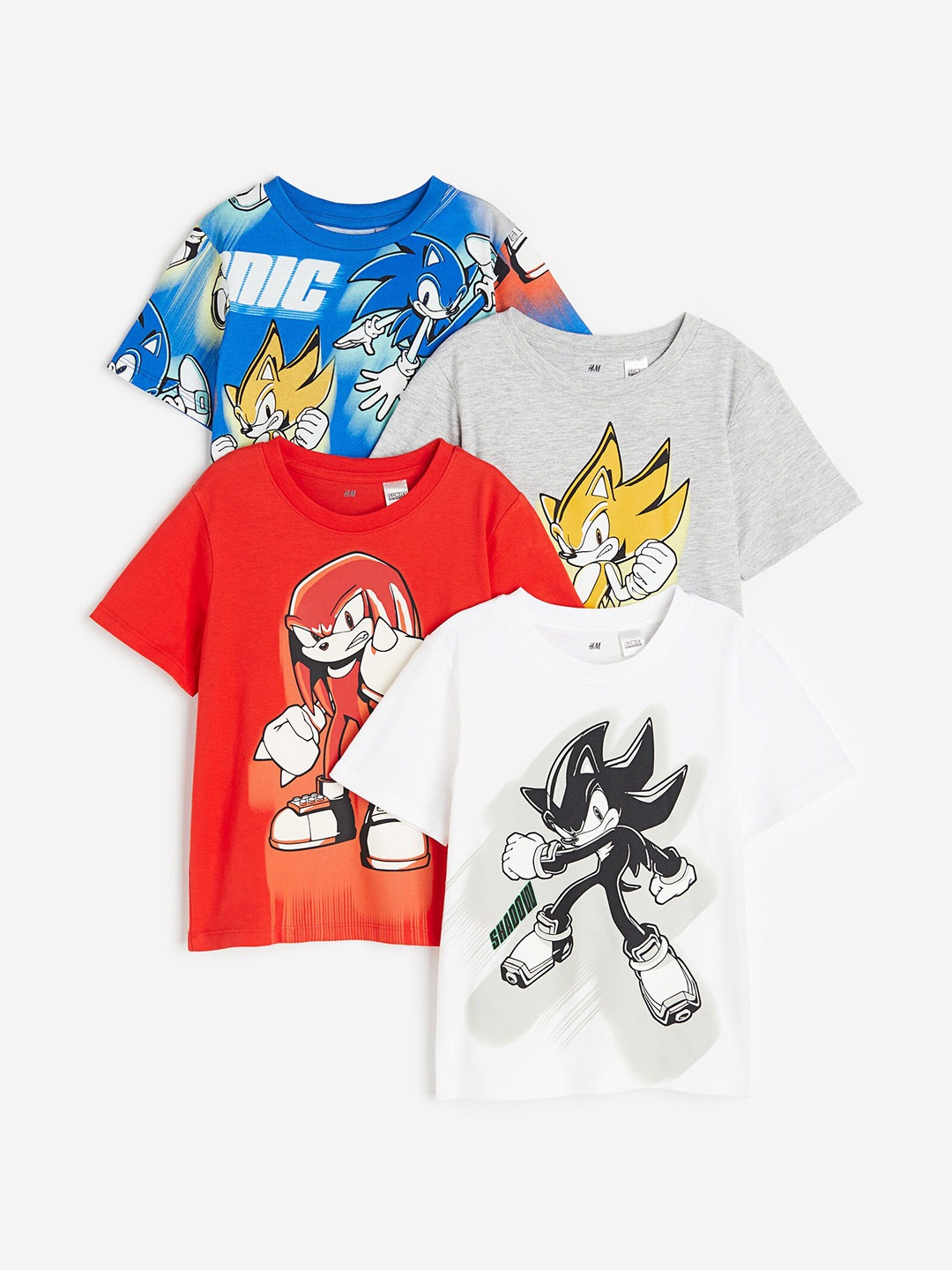 

H&M Boys Pack Of 4 Sonic the Hedgehog Printed Pure Cotton T-shirts, Blue