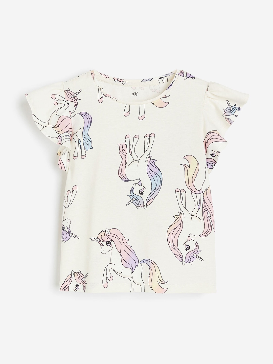 

H&M Girls Pure Cotton Flutter-Sleeved Printed Top, White