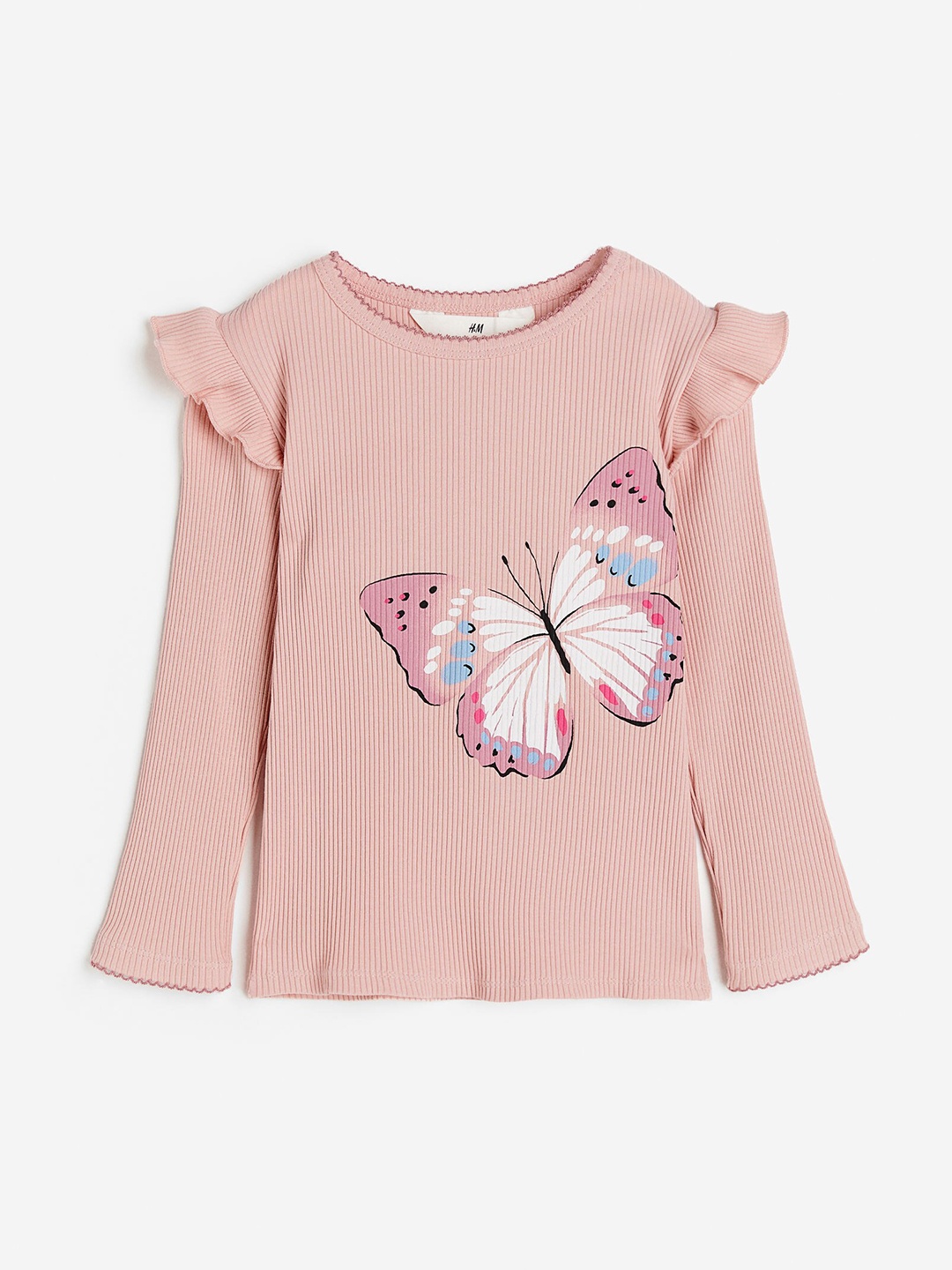 

H&M Girls Frill-Trimmed Ribbed Top, Pink