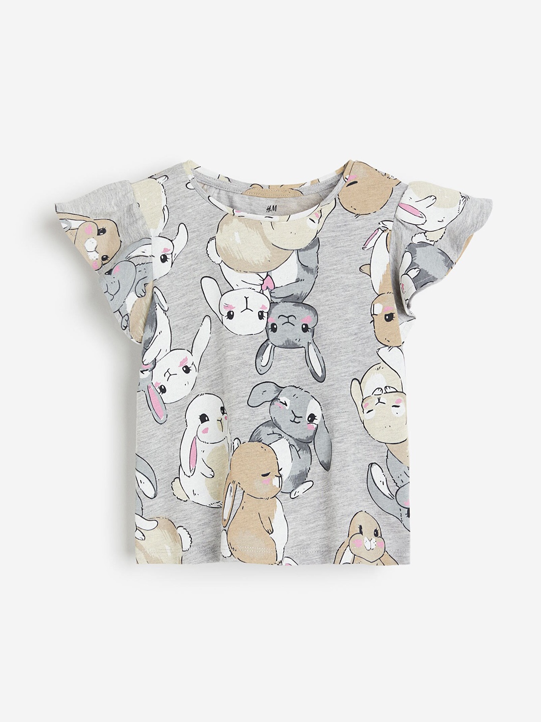 

H&M Girls Pure Cotton Flutter-Sleeved Printed Top, Grey
