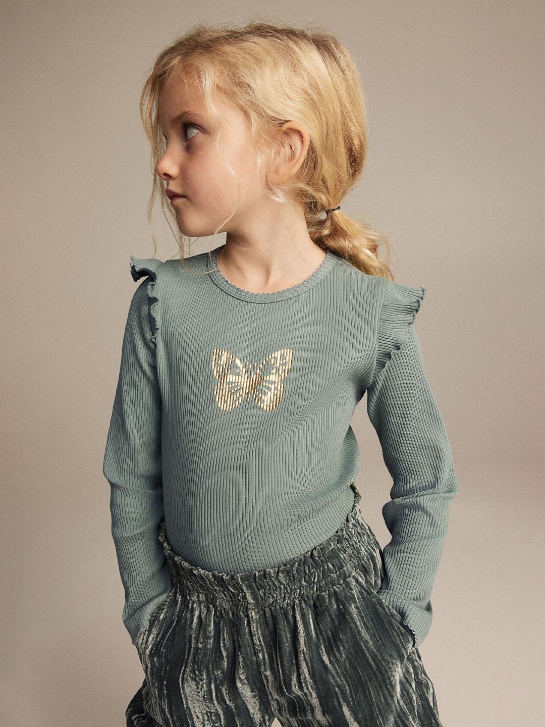 

H&M Girls Frill-trimmed Ribbed Top, Green