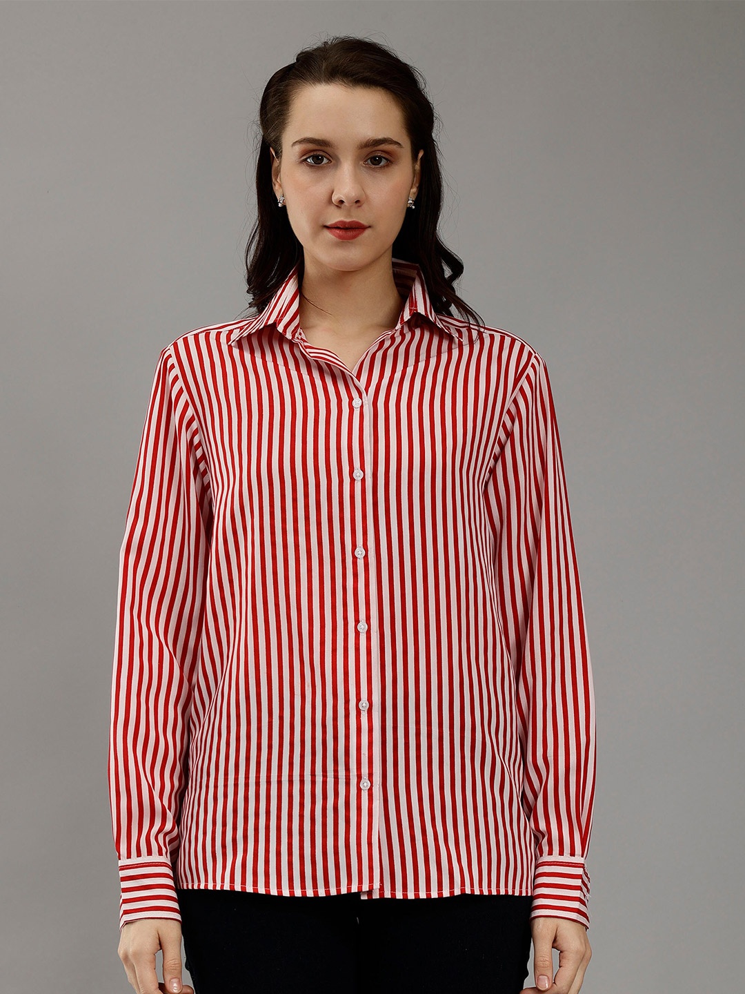 

ENTELLUS Classic Slim Fit Vertical Striped Casual Shirt, Red